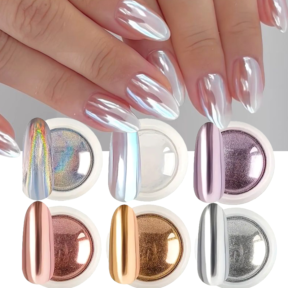 Nail Glitter Chrome - 6 stuks chroom spiegelwit nagelpoeder pigment